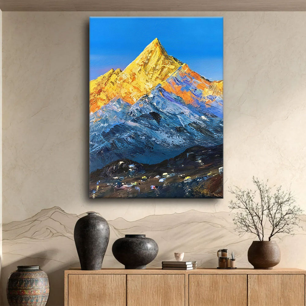 Golden Summit Under Blue Sky canvas wall art, styled room mockup 4.