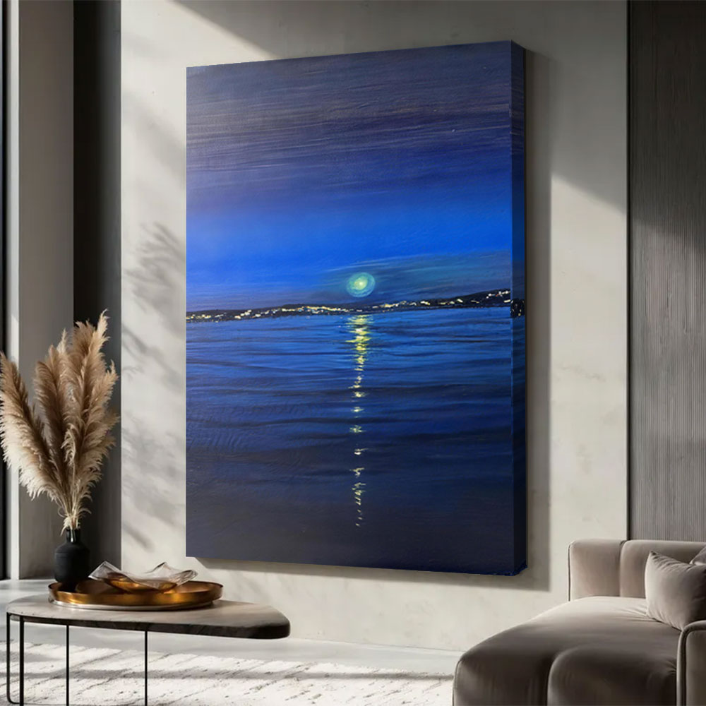 Green Moon Over Blue Water canvas wall art, styled room mockup 1.