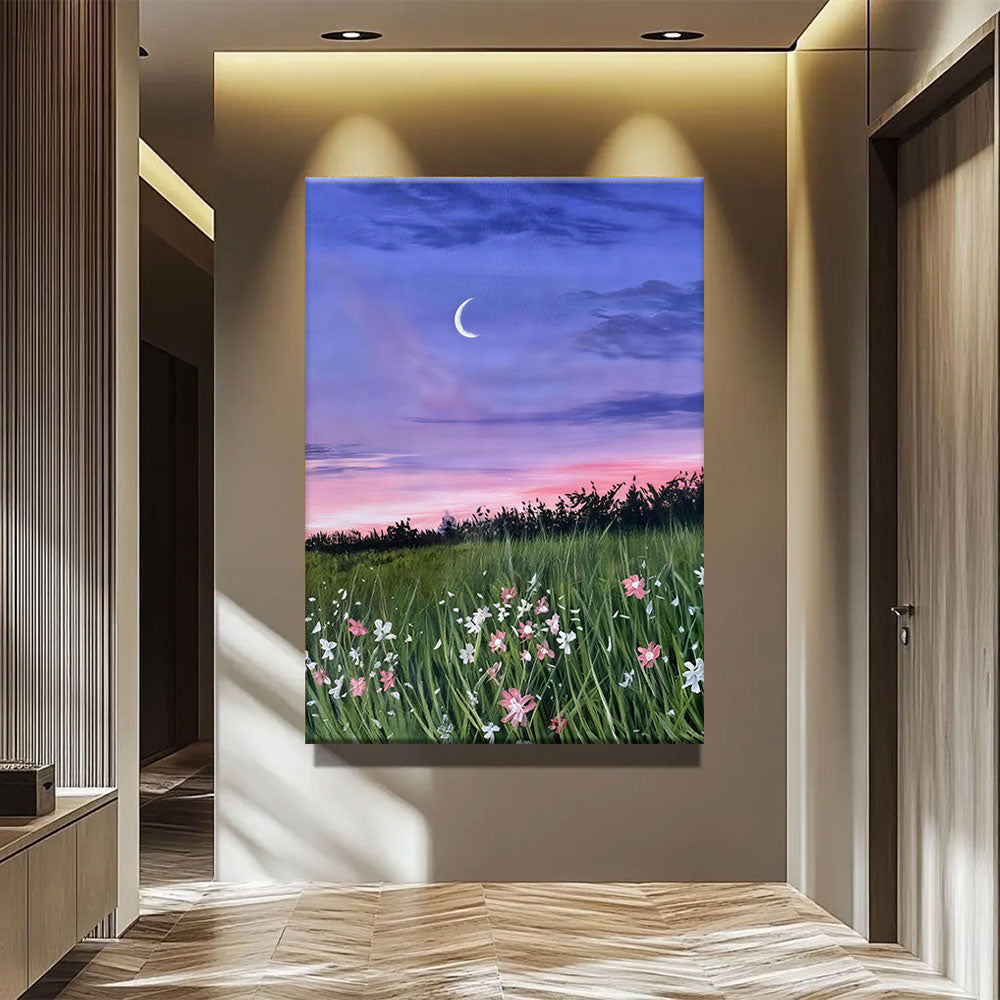 Crescent Moon Above Wildflowers canvas wall art, styled room mockup 2.