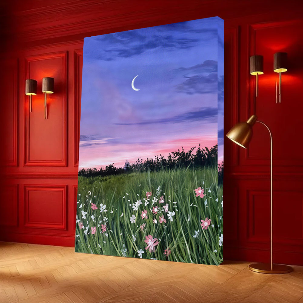 Crescent Moon Above Wildflowers canvas wall art, styled room mockup 3.