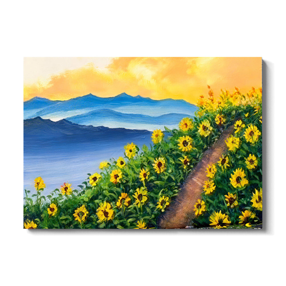 Sunflowers Along the Mountain Path canvas wall art, front product mockup on a light background.