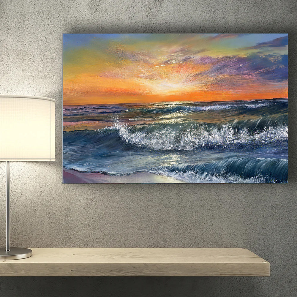 Breaking Surf in Golden Light canvas wall art, styled room mockup 2.