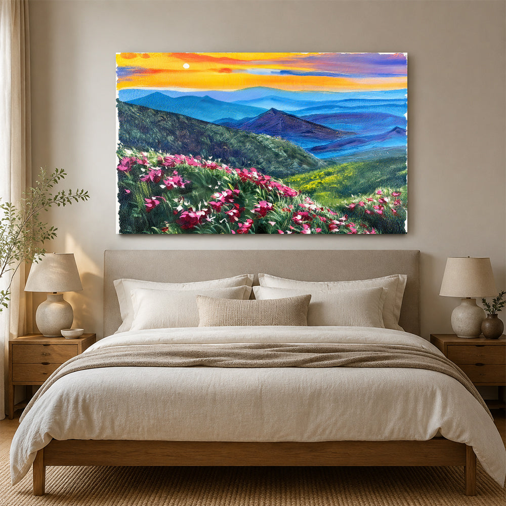 Pink Flowers Above Blue Ridges canvas wall art, styled room mockup 4.