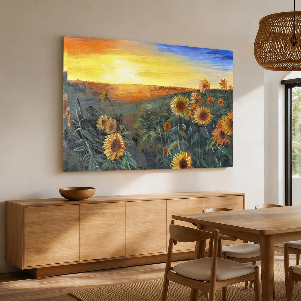 Sunflowers at the Edge of Evening canvas wall art, styled room mockup 4.