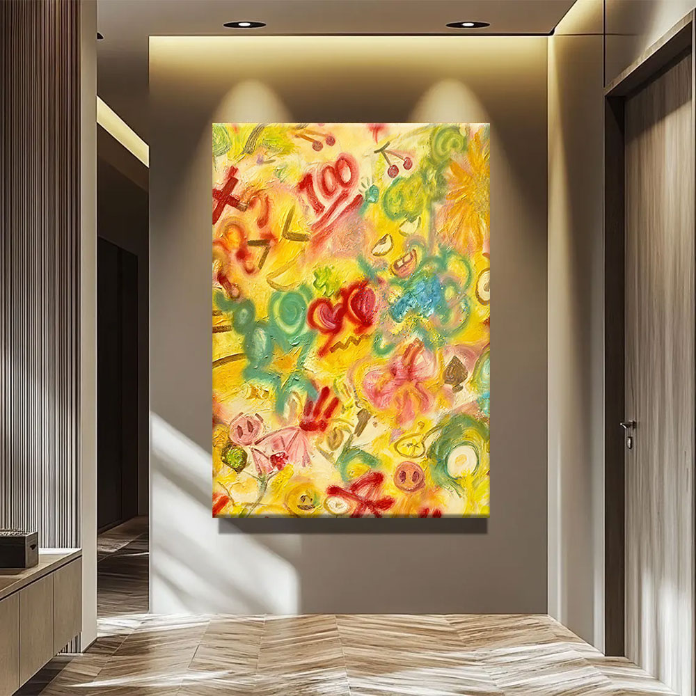 Yellow Doodle Celebration canvas wall art, styled room mockup 1.