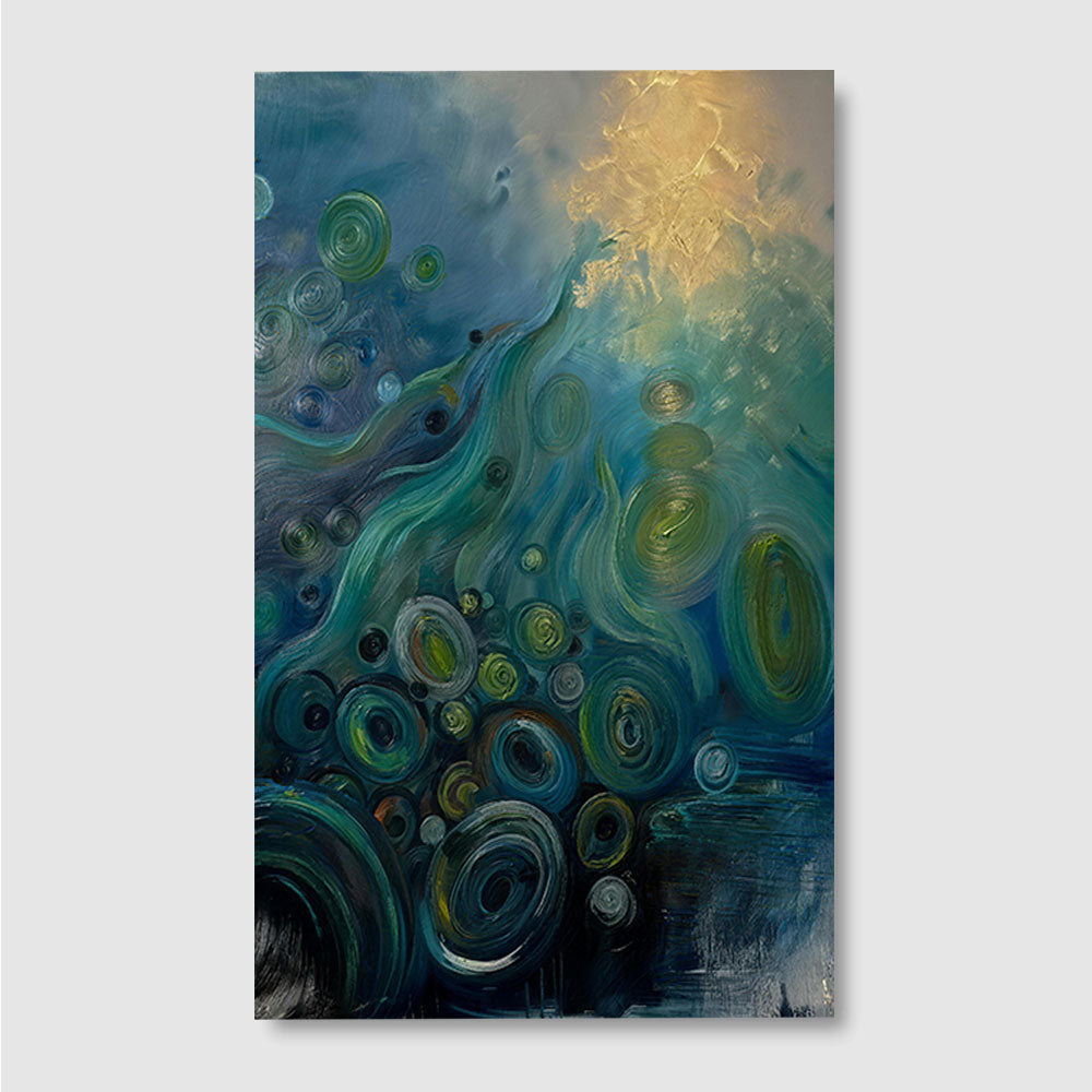 Teal Currents and Golden Light canvas wall art, front product mockup on a light background.