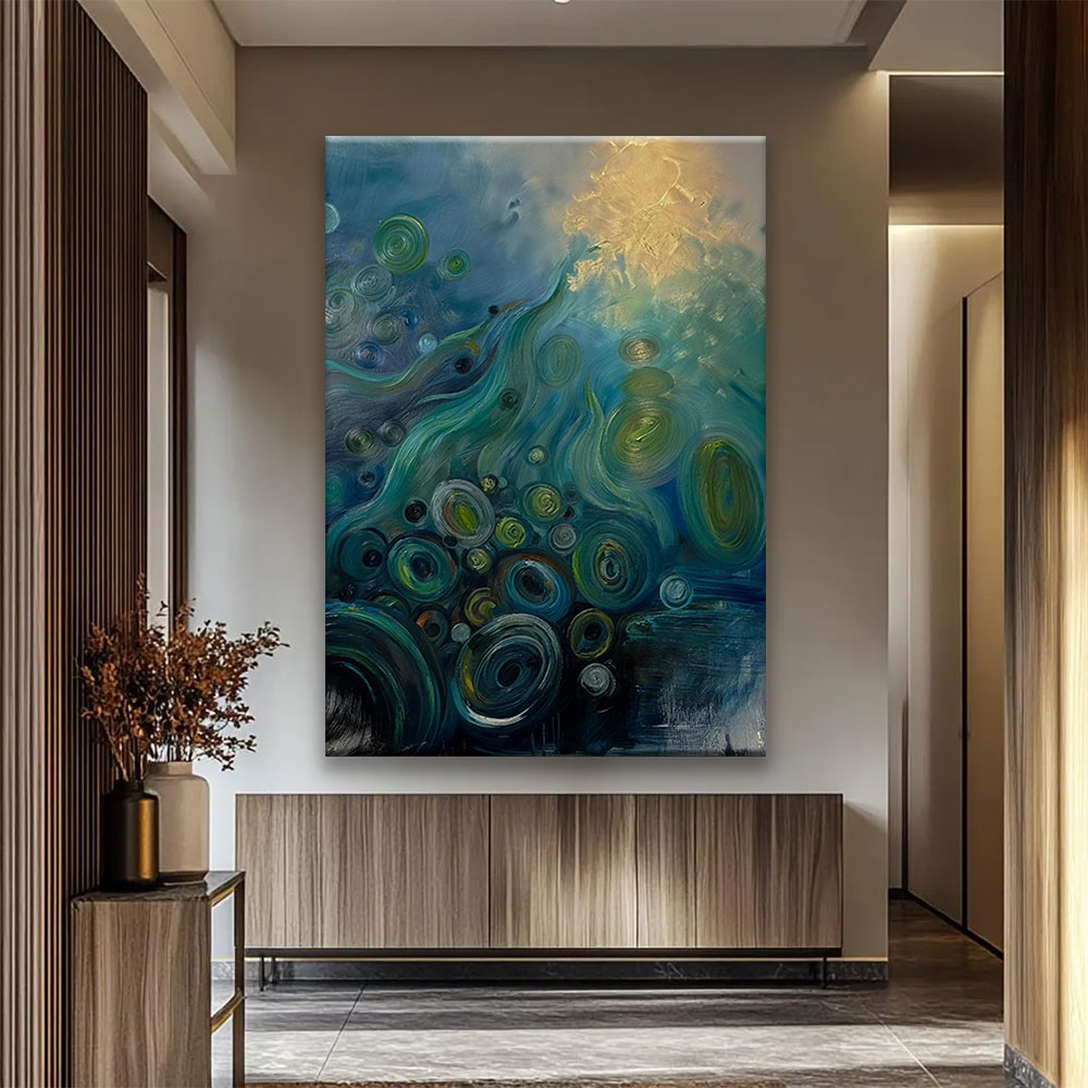 Teal Currents and Golden Light canvas wall art, styled room mockup 1.