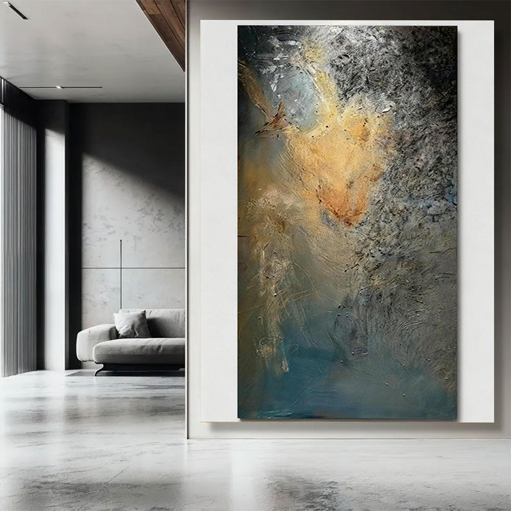 Weathered Gold on Blue canvas wall art, styled room mockup 4.