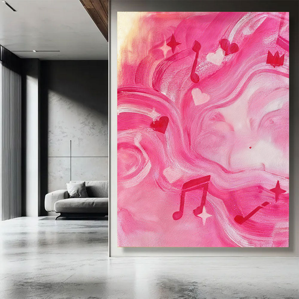 Pink Ribbons and Musical Notes canvas wall art, styled room mockup 1.