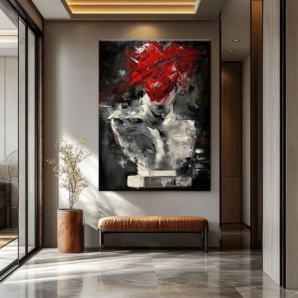 Scarlet Gesture on Charcoal canvas wall art, styled room mockup 1.