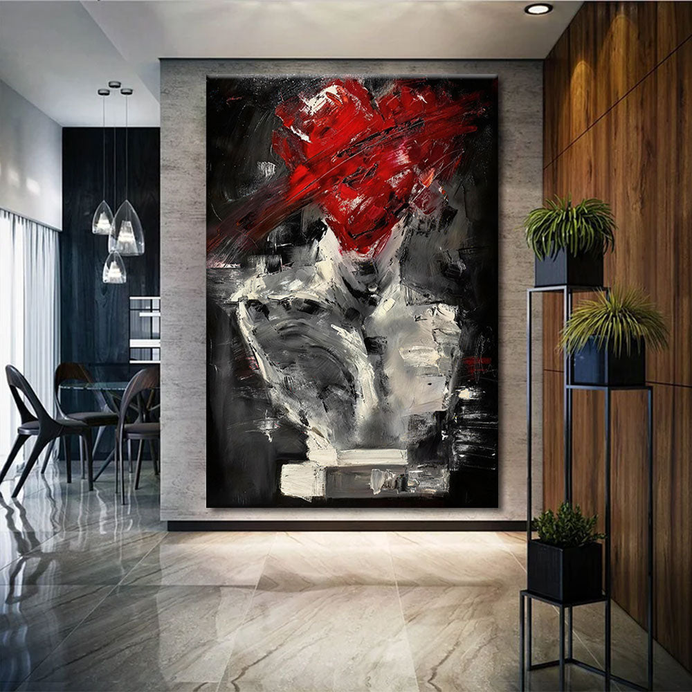 Scarlet Gesture on Charcoal canvas wall art, styled room mockup 4.