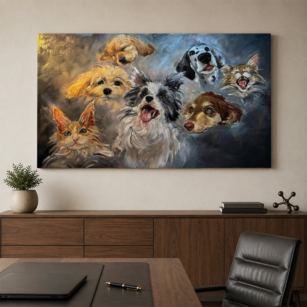 A Gathering of Cats and Dogs canvas wall art, styled room mockup 4.