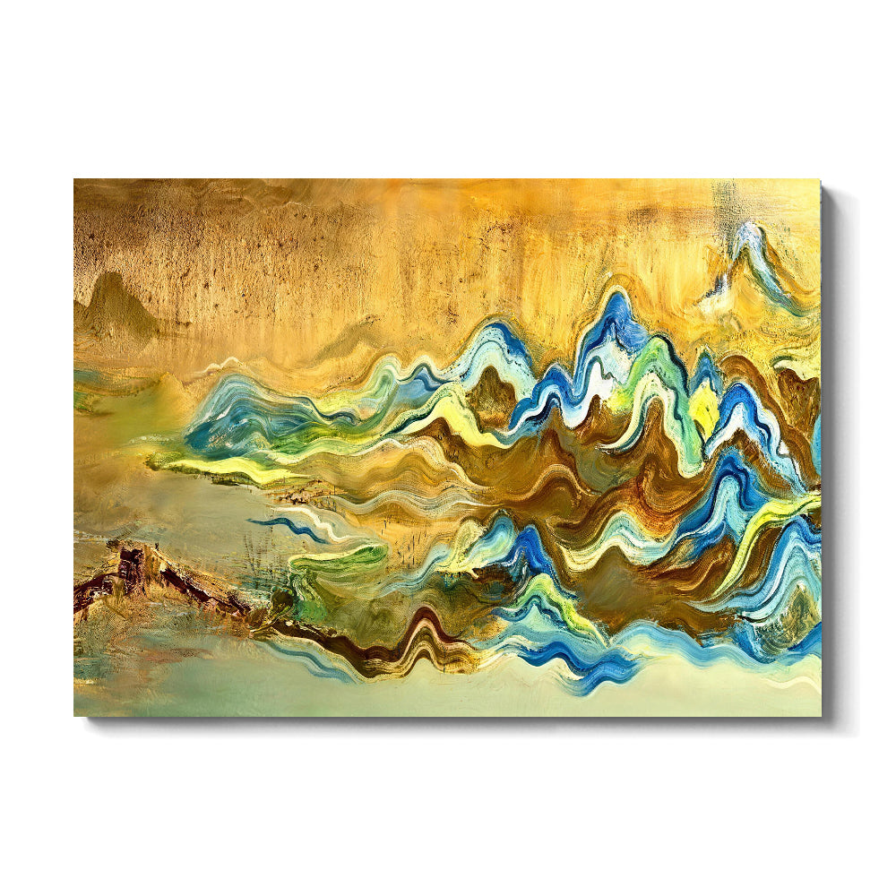 Ochre and Blue Flowing Forms canvas wall art, front product mockup on a light background.