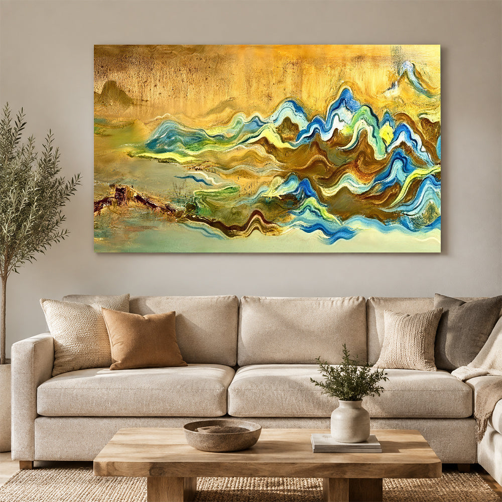 Ochre and Blue Flowing Forms canvas wall art, styled room mockup 1.