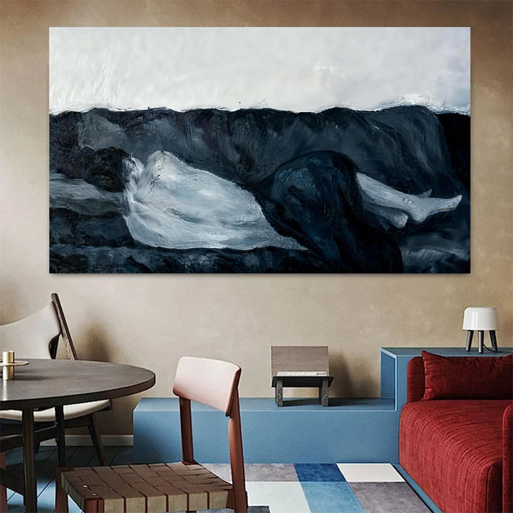 Resting Black and White Dog canvas wall art, styled room mockup 3.