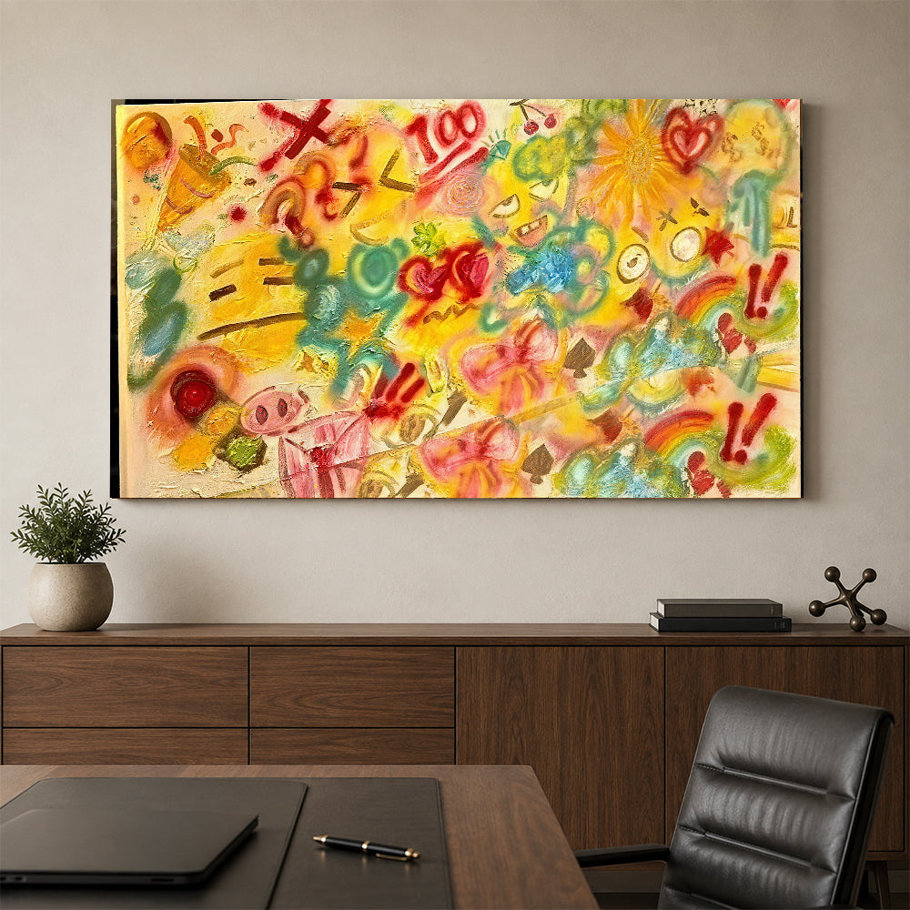 Colorful Marks on Yellow Ground canvas wall art, styled room mockup 2.
