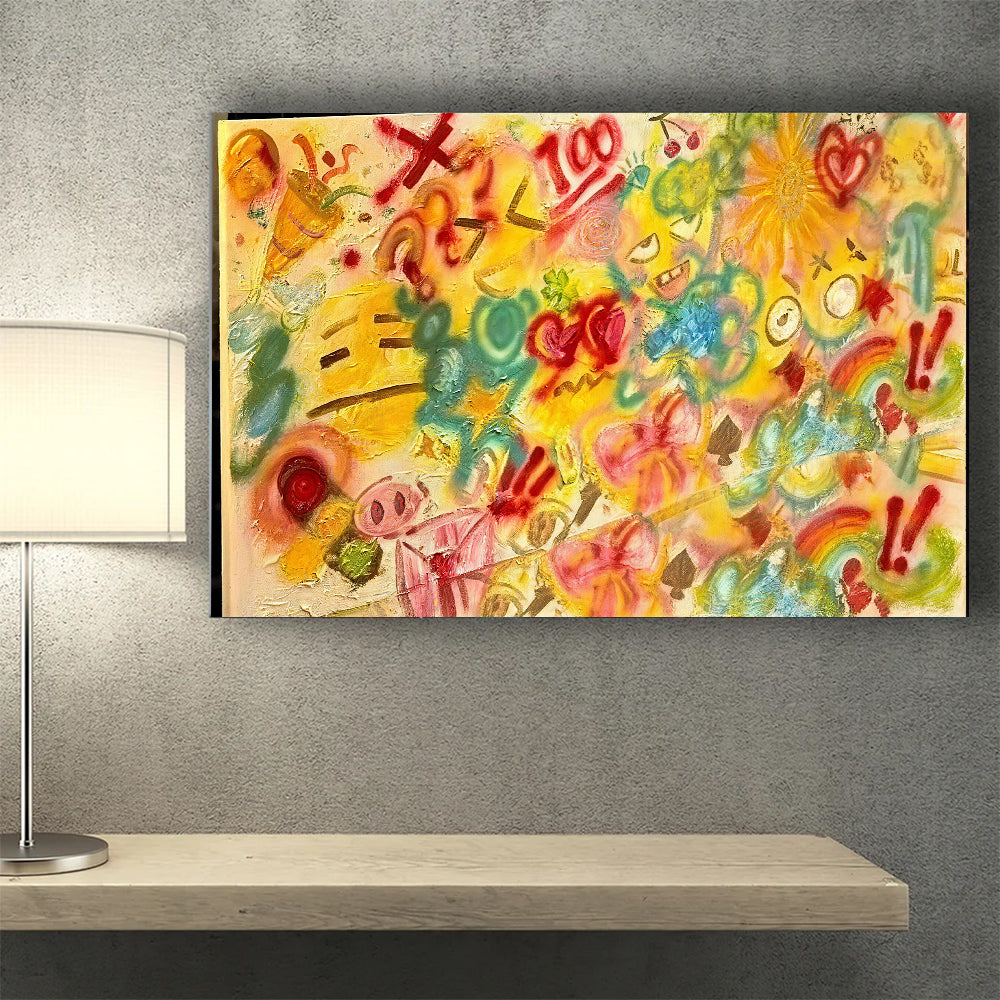 Colorful Marks on Yellow Ground canvas wall art, styled room mockup 3.