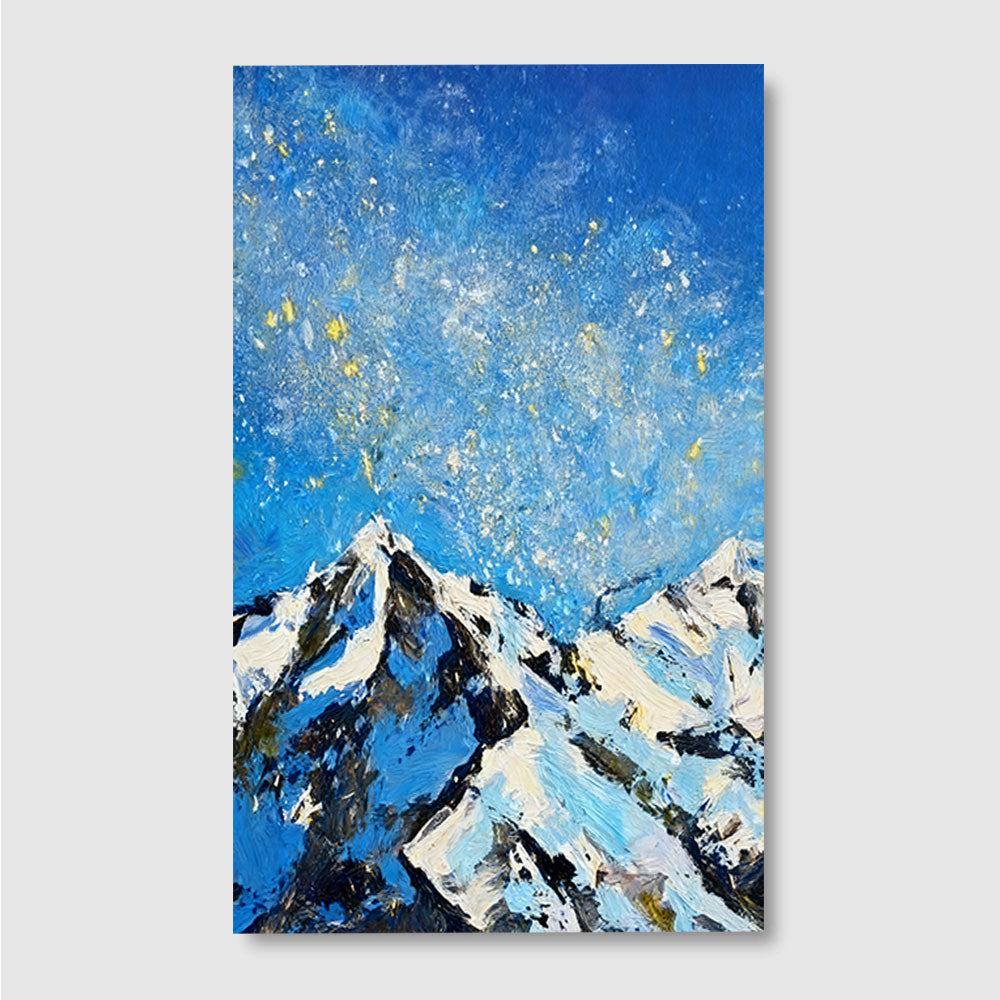 Golden Flecks Above Blue Peaks canvas wall art, front product mockup on a light background.