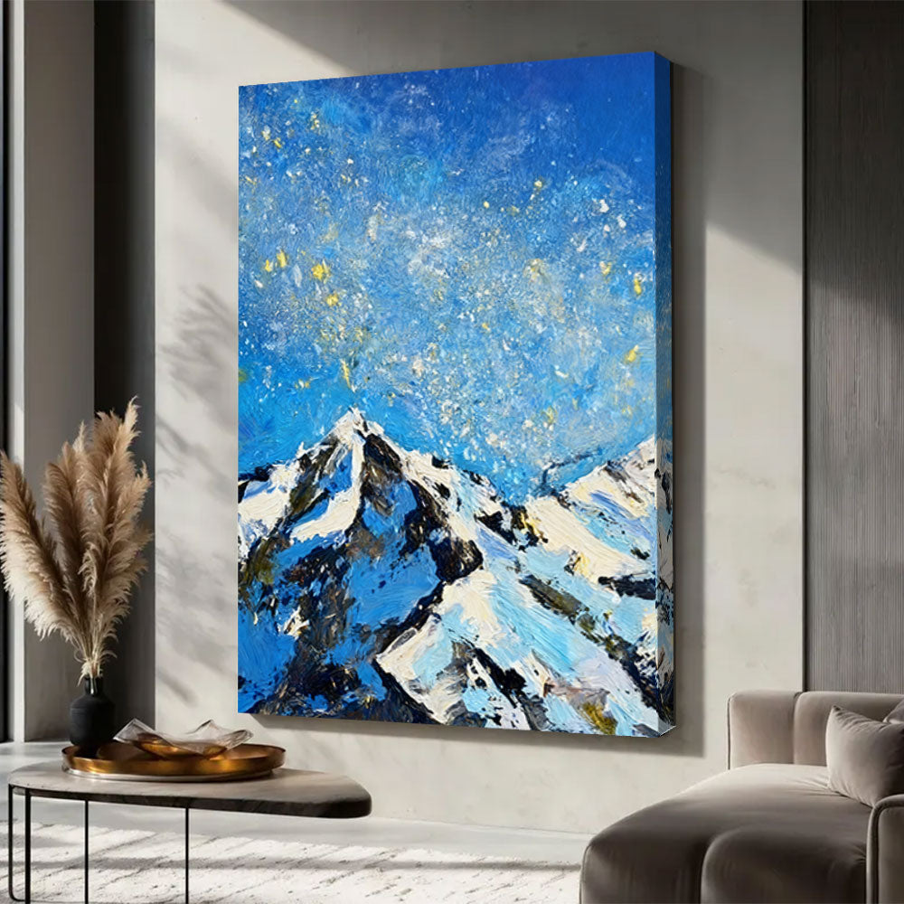 Golden Flecks Above Blue Peaks canvas wall art, styled room mockup 1.