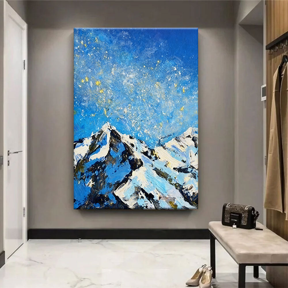 Golden Flecks Above Blue Peaks canvas wall art, styled room mockup 2.