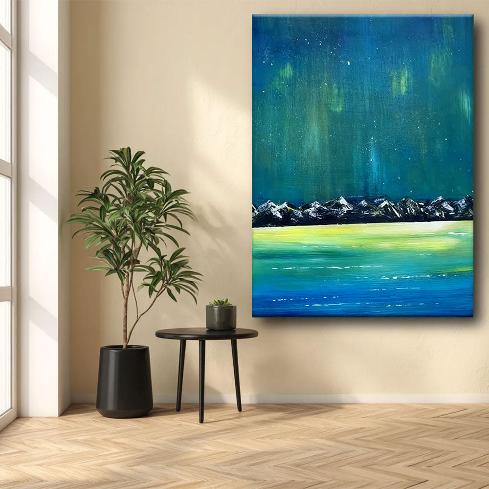 Northern Lights Above the Range canvas wall art, styled room mockup 1.