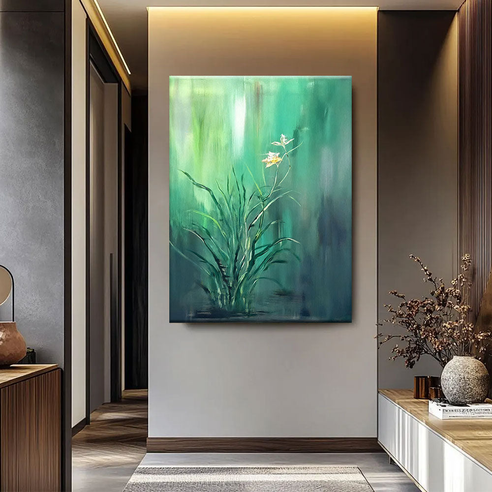White Blooms in Green Light canvas wall art, styled room mockup 1.