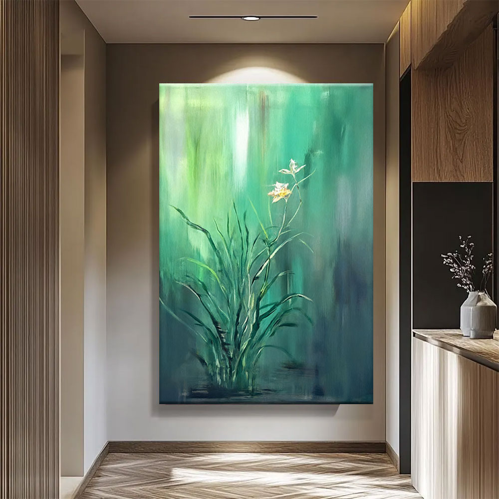 White Blooms in Green Light canvas wall art, styled room mockup 4.