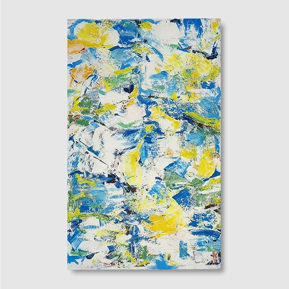 Blue and Yellow Painted Rhythm canvas wall art, front product mockup on a light background.