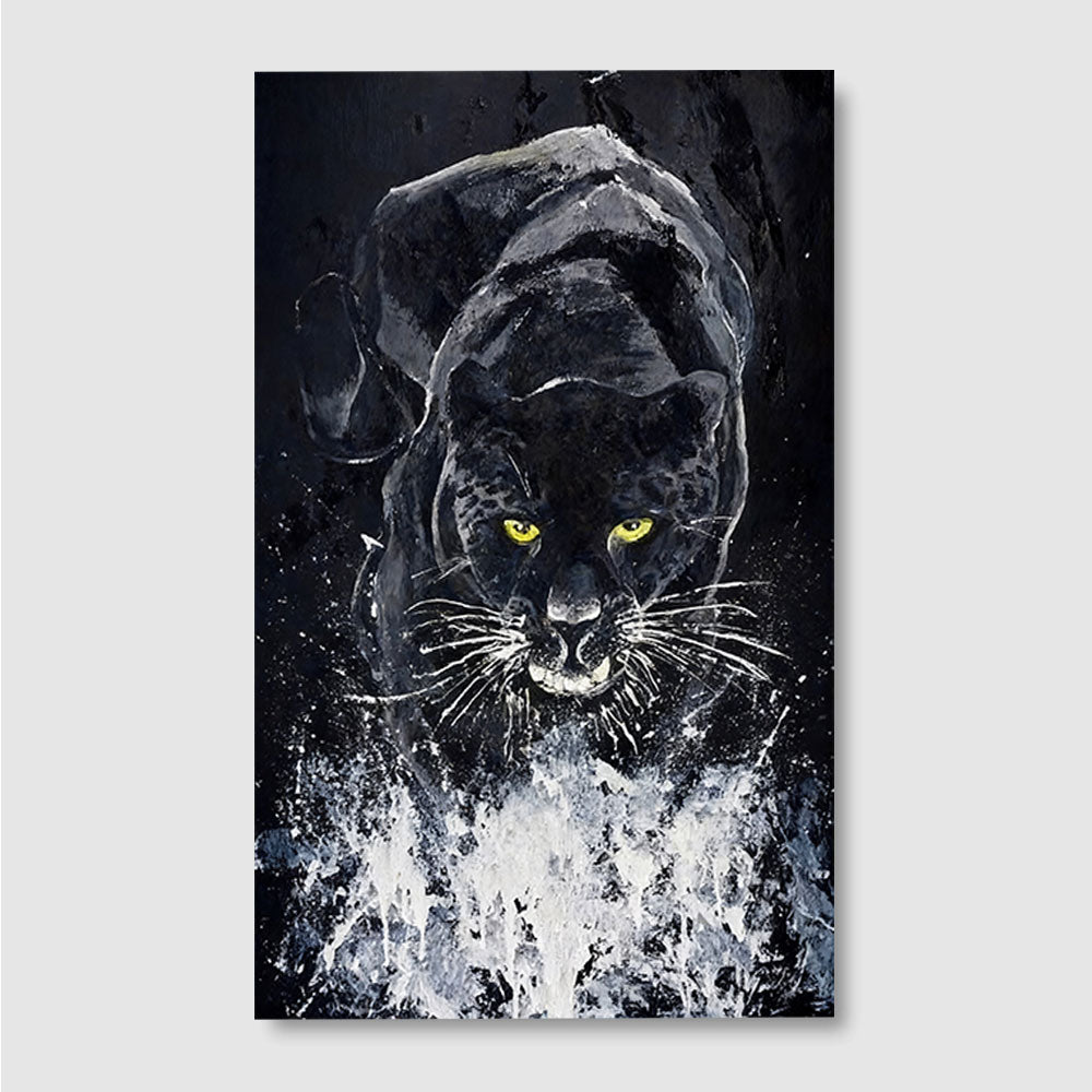 Black Panther in Silver Splashes canvas wall art, front product mockup on a light background.