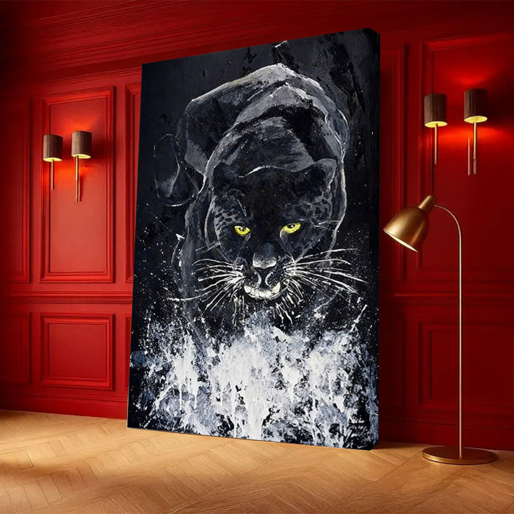 Black Panther in Silver Splashes canvas wall art, styled room mockup 1.