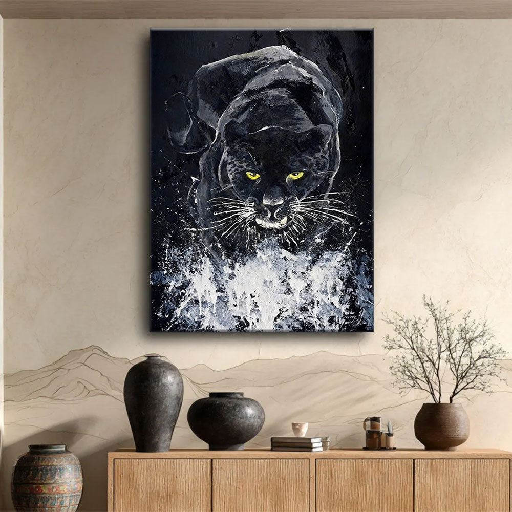 Black Panther in Silver Splashes canvas wall art, styled room mockup 2.