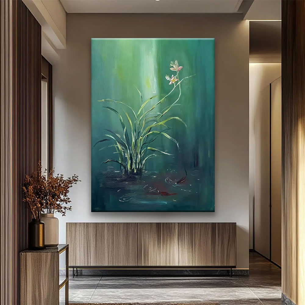 Delicate Flowers on Teal canvas wall art, styled room mockup 1.