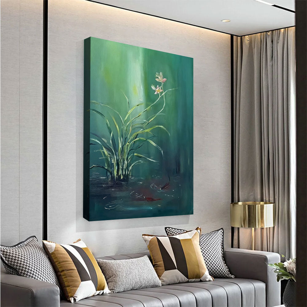 Delicate Flowers on Teal canvas wall art, styled room mockup 3.