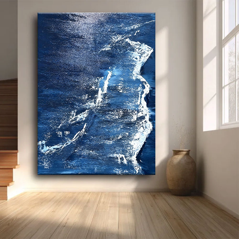Silver Wave Against Midnight Blue canvas wall art, styled room mockup 2.