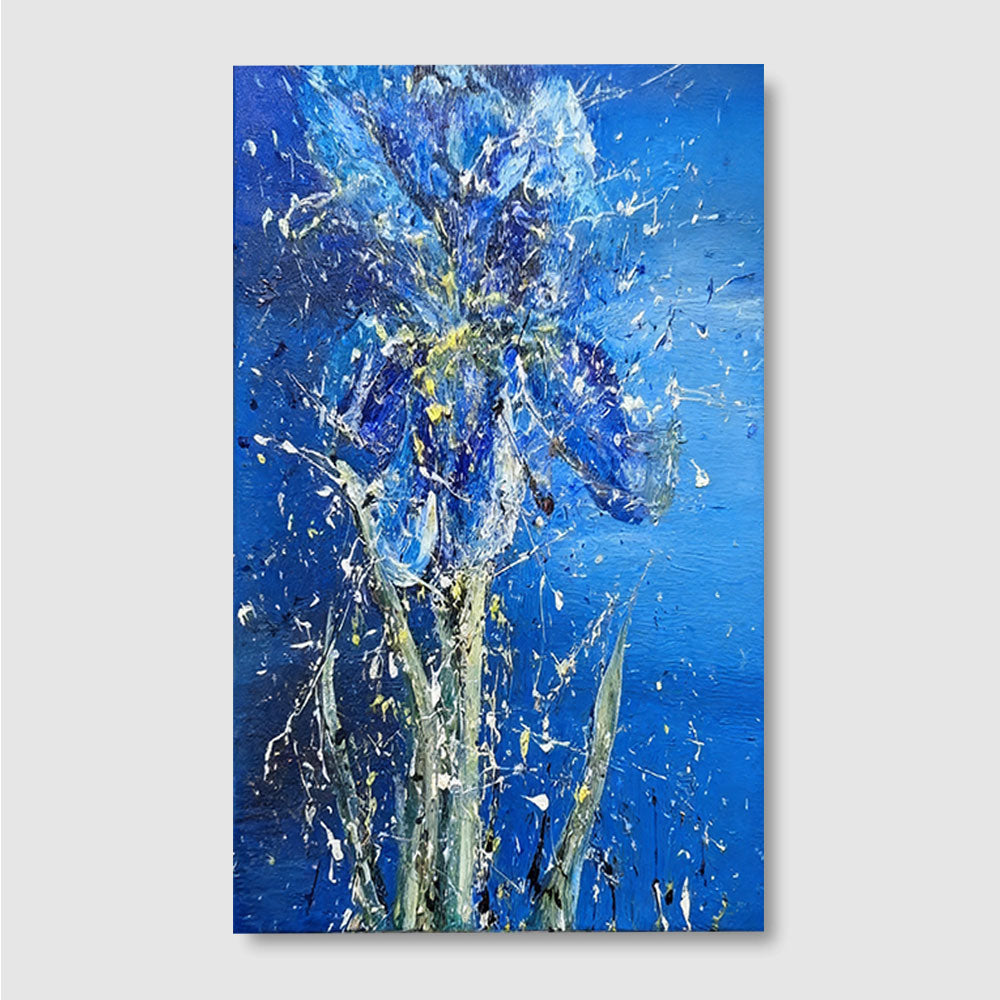 Blue Iris in Dancing Color canvas wall art, front product mockup on a light background.
