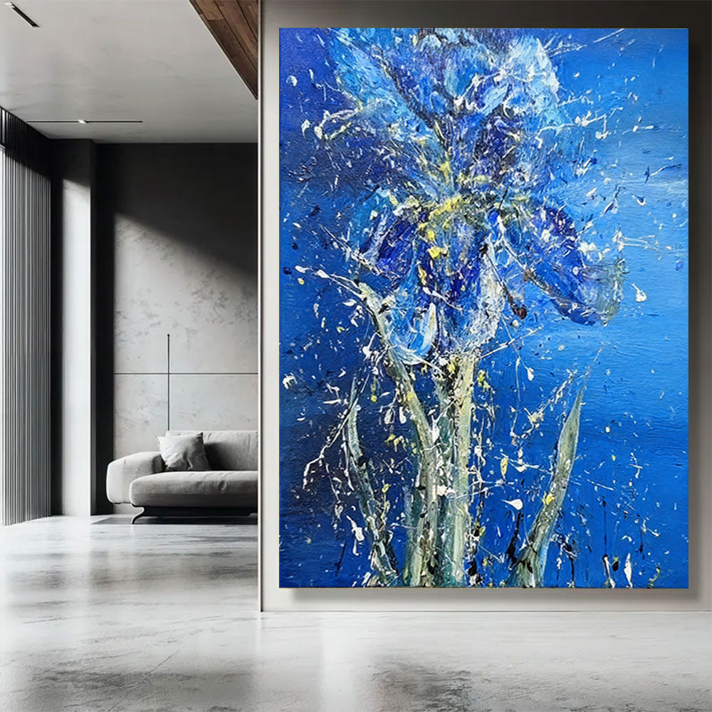 Blue Iris in Dancing Color canvas wall art, styled room mockup 1.