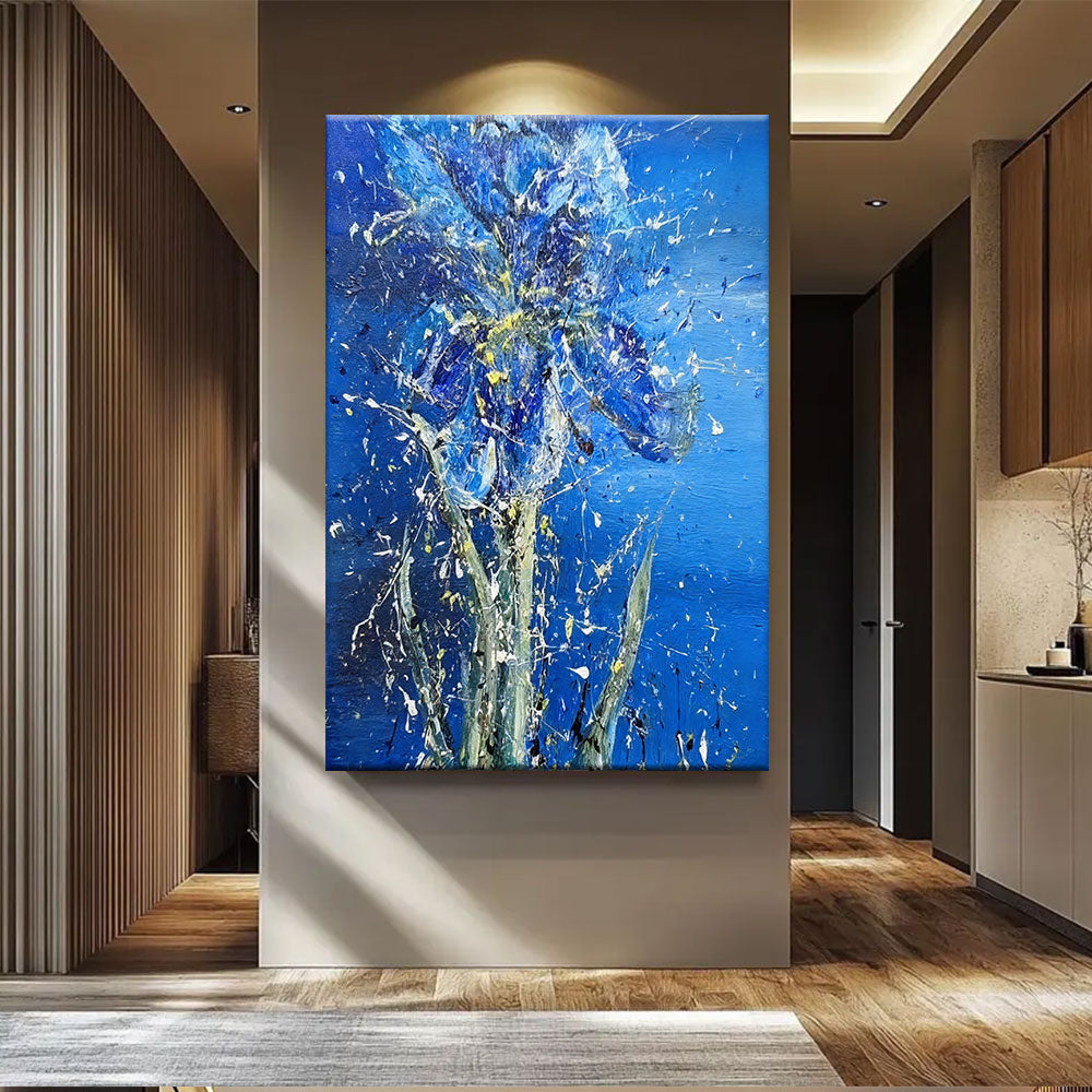 Blue Iris in Dancing Color canvas wall art, styled room mockup 4.