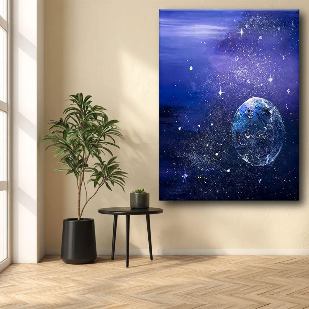 Blue Planet in a Violet Sky canvas wall art, styled room mockup 3.