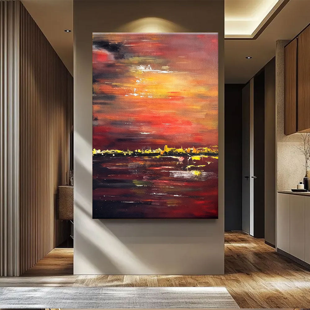 Crimson Harbor at Dusk canvas wall art, styled room mockup 2.