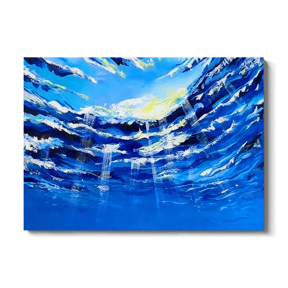 Blue Waves Opening to the Light canvas wall art, front product mockup on a light background.