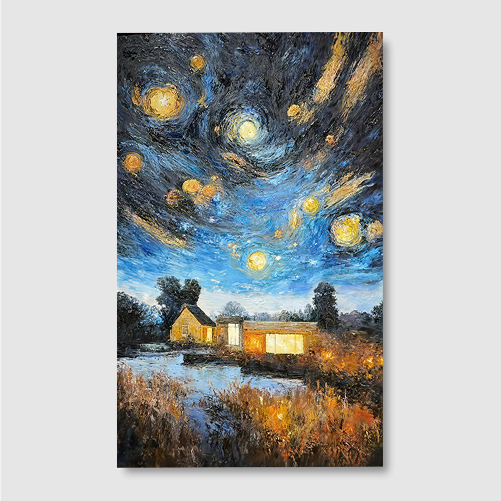 Golden Stars Above a Country House canvas wall art, front product mockup on a light background.