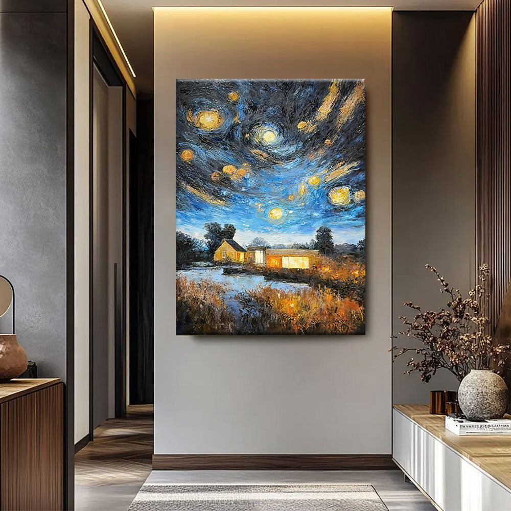 Golden Stars Above a Country House canvas wall art, styled room mockup 2.