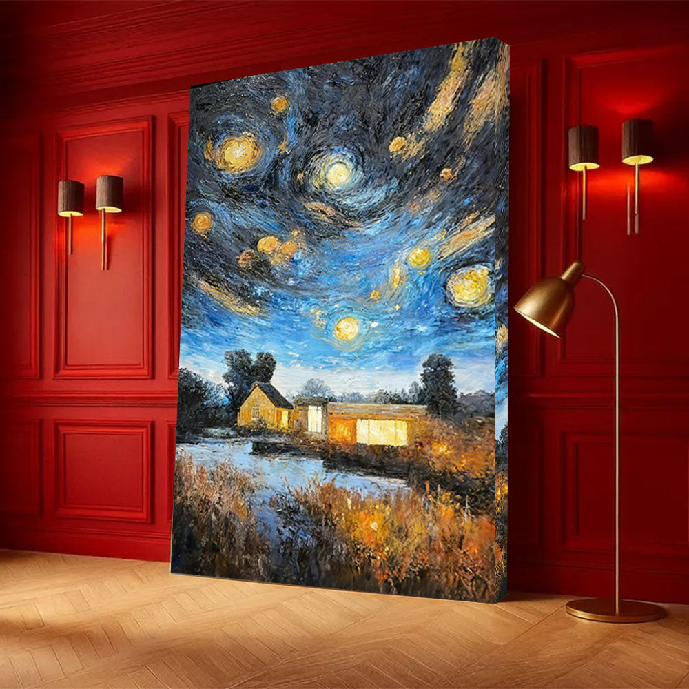 Golden Stars Above a Country House canvas wall art, styled room mockup 4.