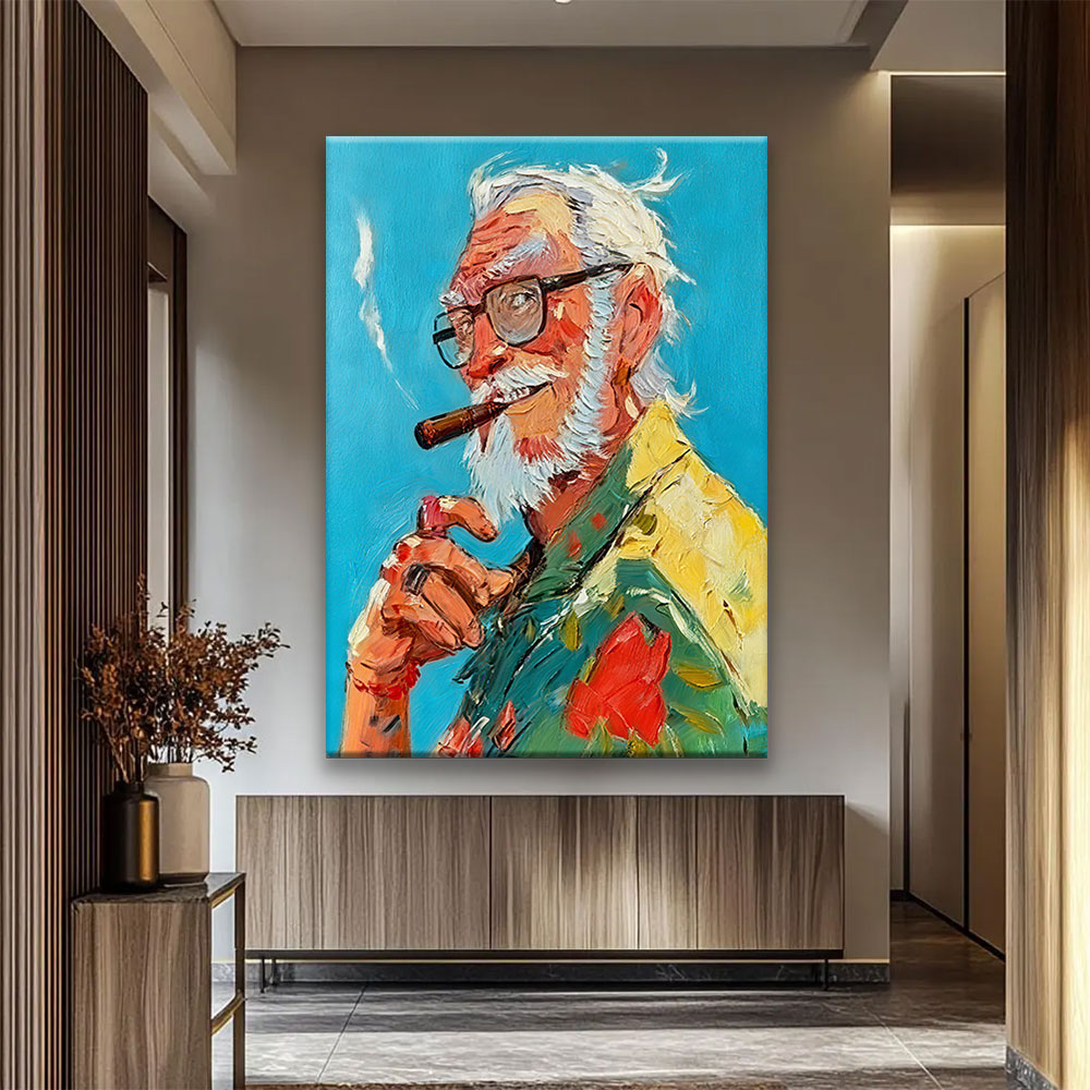 Gentleman in a Tropical Shirt canvas wall art, styled room mockup 1.