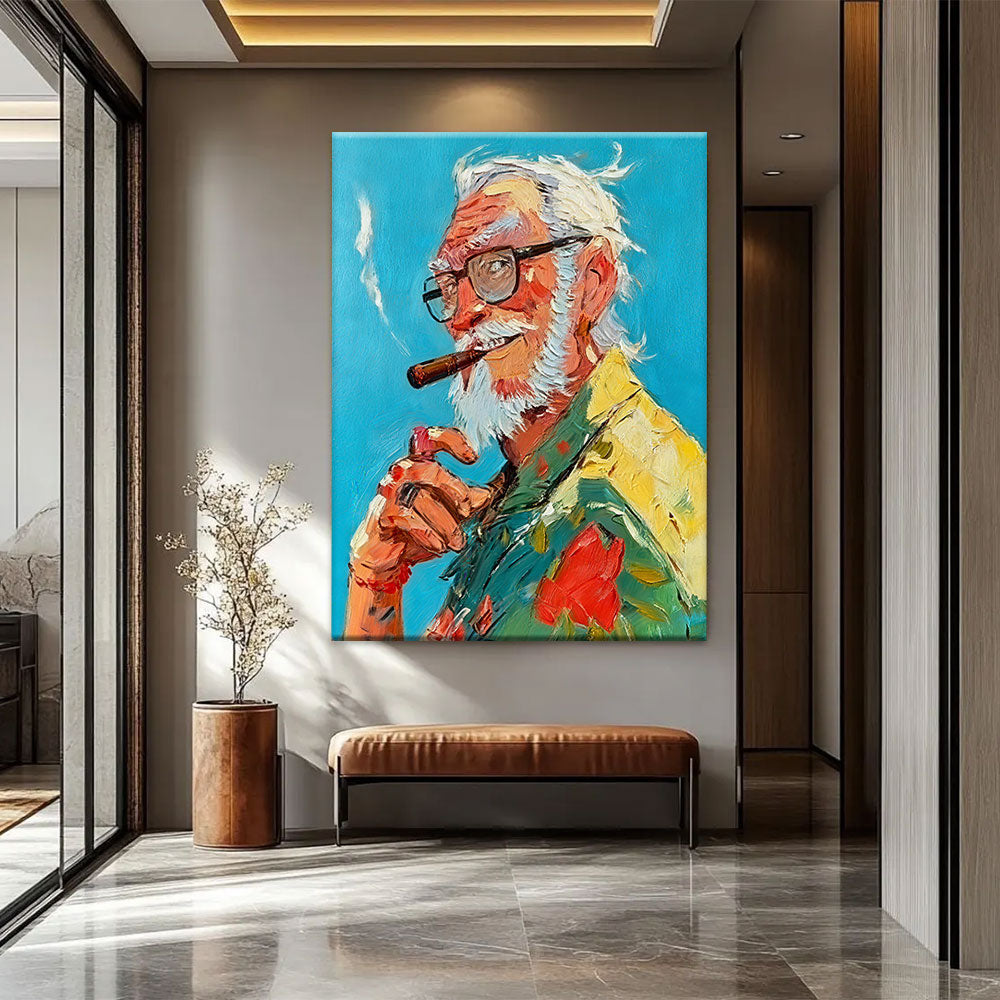 Gentleman in a Tropical Shirt canvas wall art, styled room mockup 2.