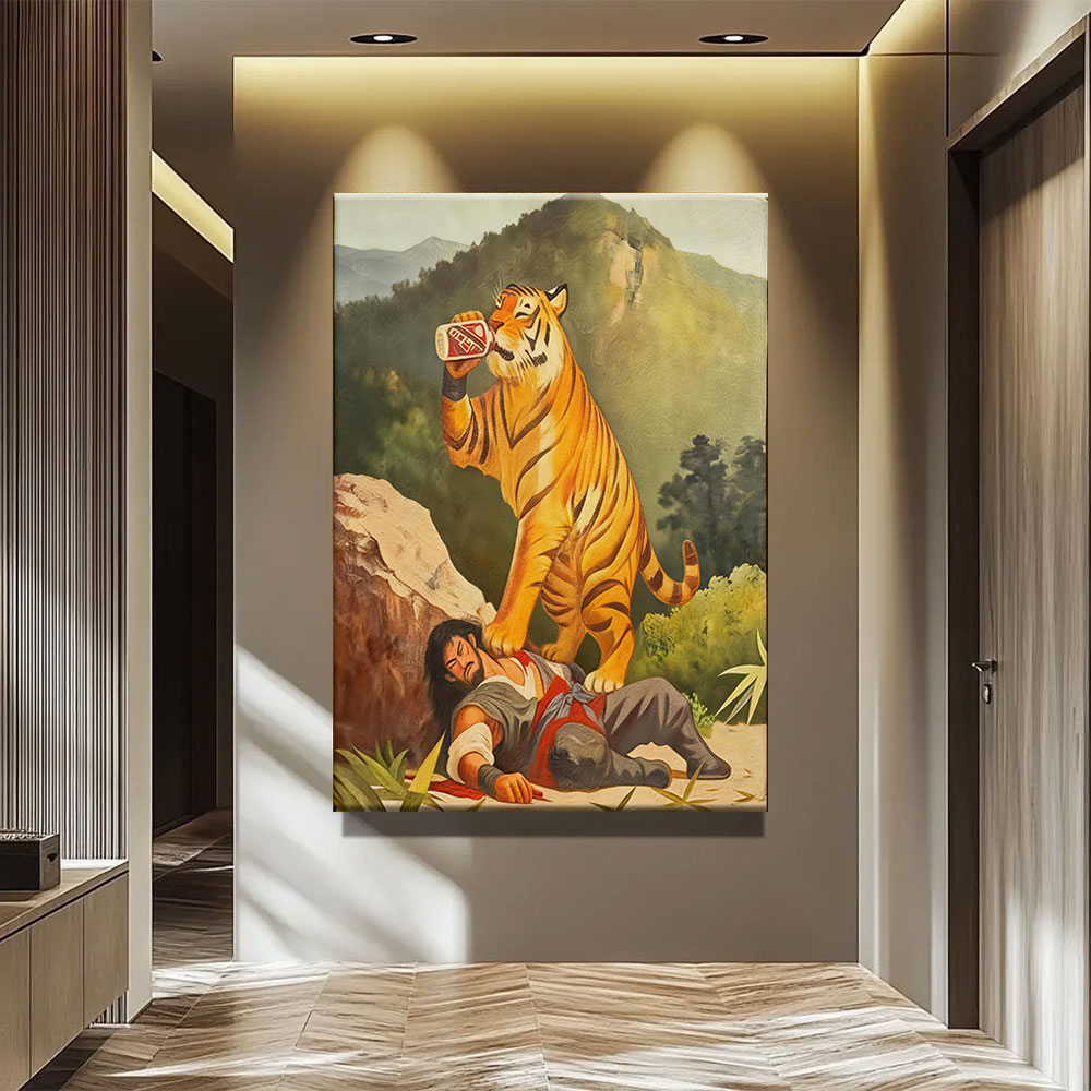 Tiger with a Toast canvas wall art, styled room mockup 3.