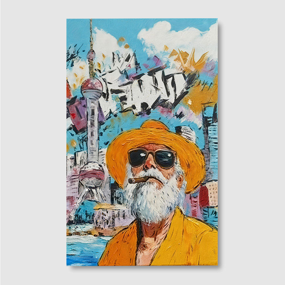 Yellow Hat Urban Portrait canvas wall art, front product mockup on a light background.