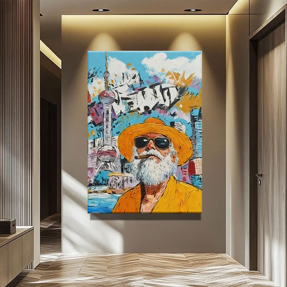 Yellow Hat Urban Portrait canvas wall art, styled room mockup 2.