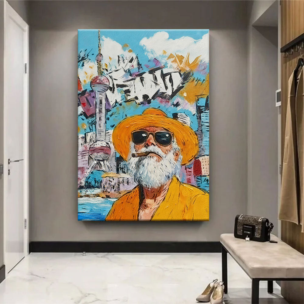 Yellow Hat Urban Portrait canvas wall art, styled room mockup 4.