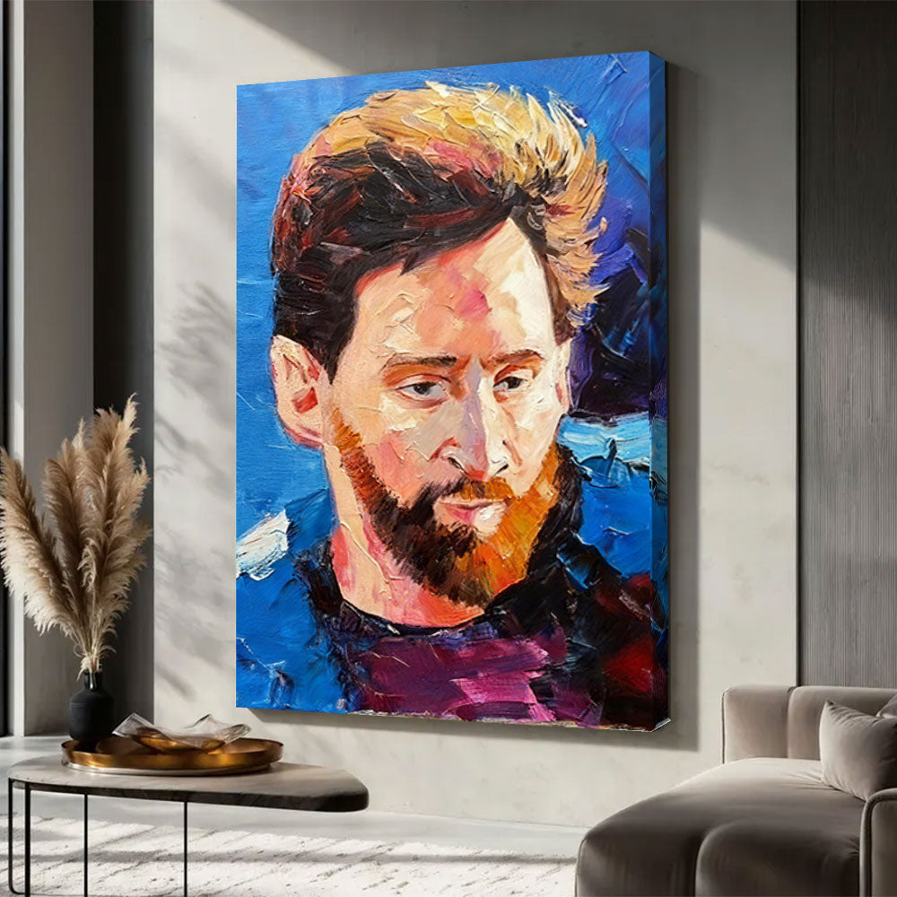 Expressive Portrait on Blue canvas wall art, styled room mockup 1.